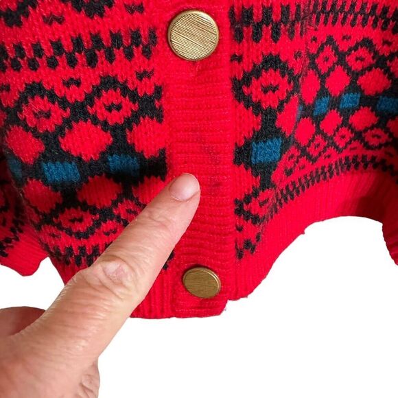Vtg 80s 90s Cardigan Knit Knit Red Blue Grandpacore Grandmacore M Shoulder Pads - Picture 8 of 8